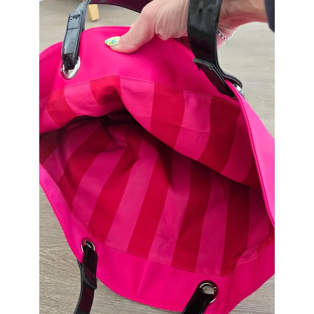 Victorias Secret Hot Pink Rhinestone Logo Tote Bag Black Patent Handles Large